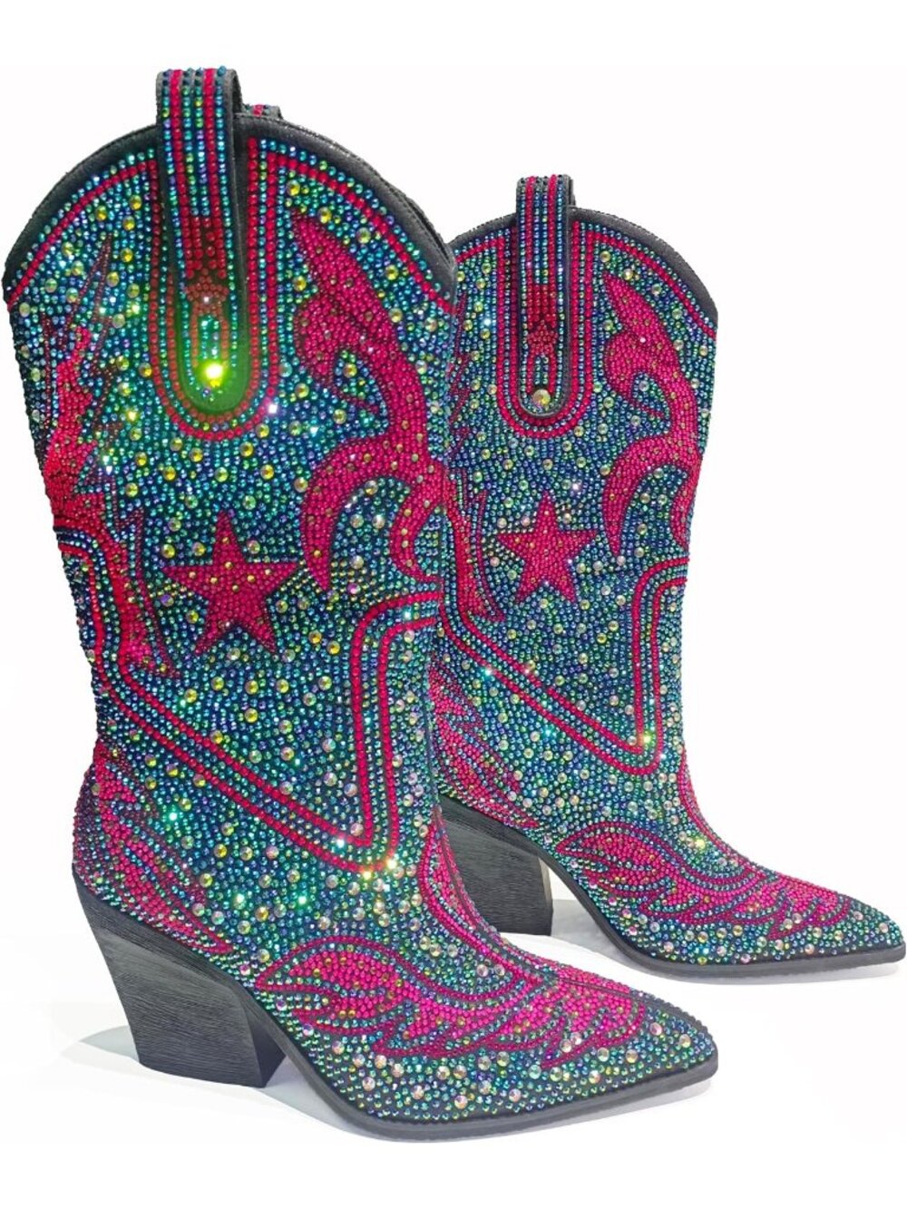 Women's Multi Pink Sparkly Pointed Toe Chunky Block Heel Western Cowgirl Boots - Picture 1 of 5